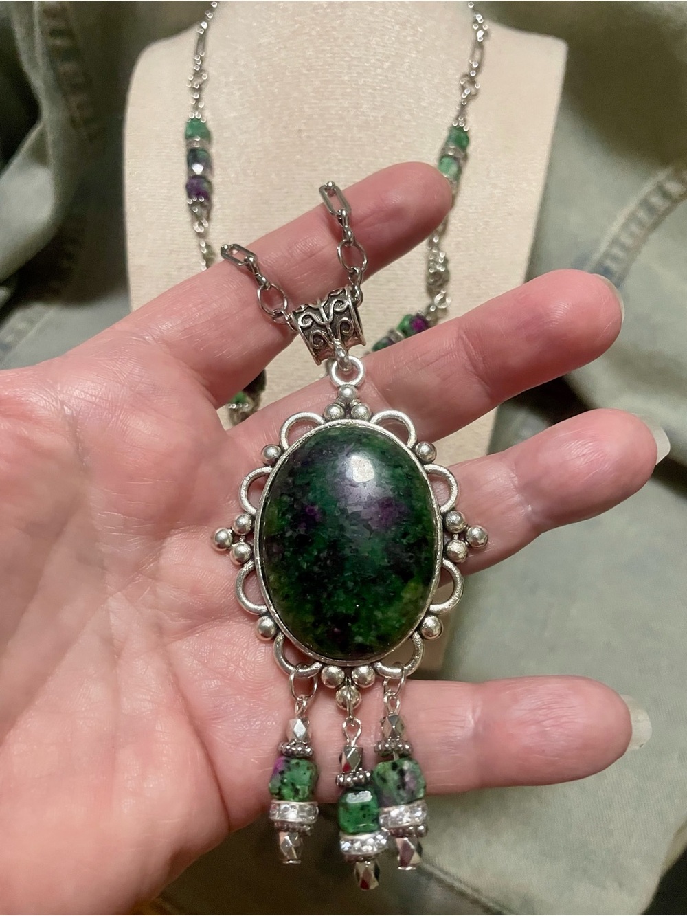 Ruby Zoisite Stone Pendant Hand Crafted Necklace - Picture 3 of 10